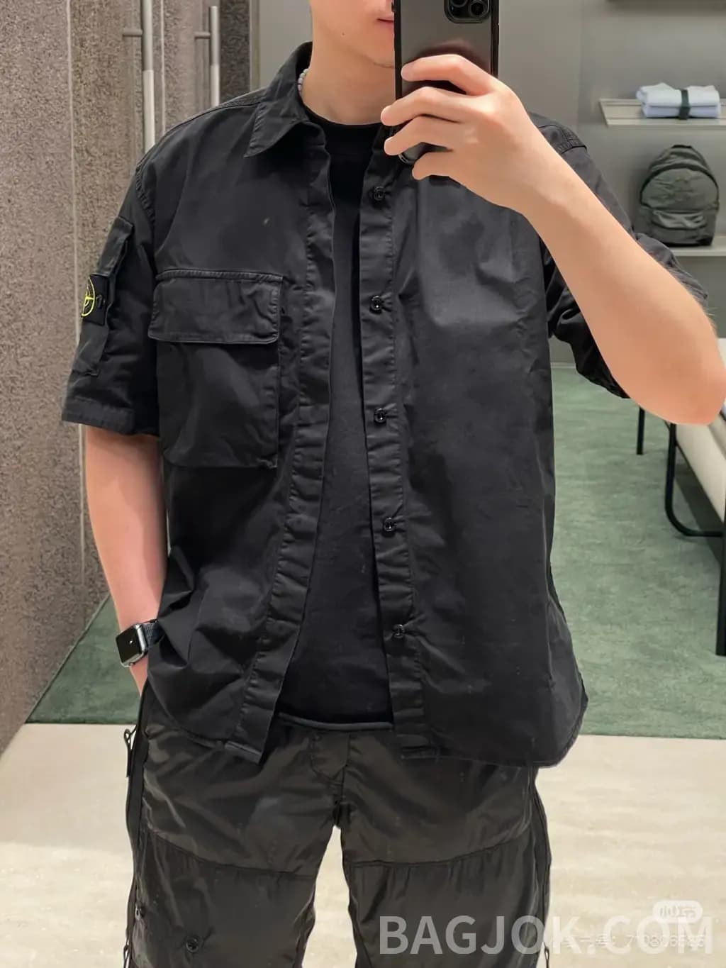 스톤아일랜드 STONE ISLAND 컴퍼스 로고 워크웨어 쇼츠leeve 셔츠 상세 이미지